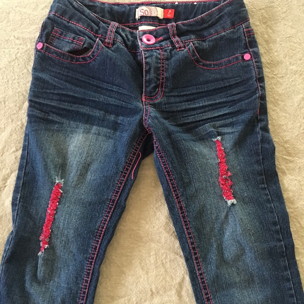 Girls size 7 cute denim Capri hot pink stitches